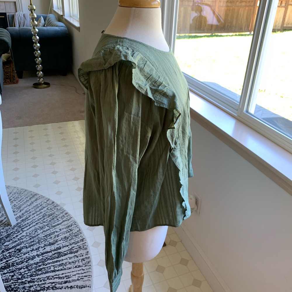 LOFT Olive Green Ruffle Long Sleeve Blouse - Picture 7 of 8
